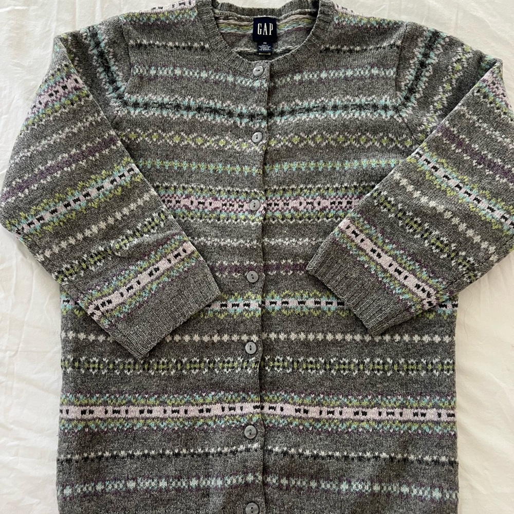 GAP Gray Wool Fair Isle Crew Button Cardigan with Pastel Accents